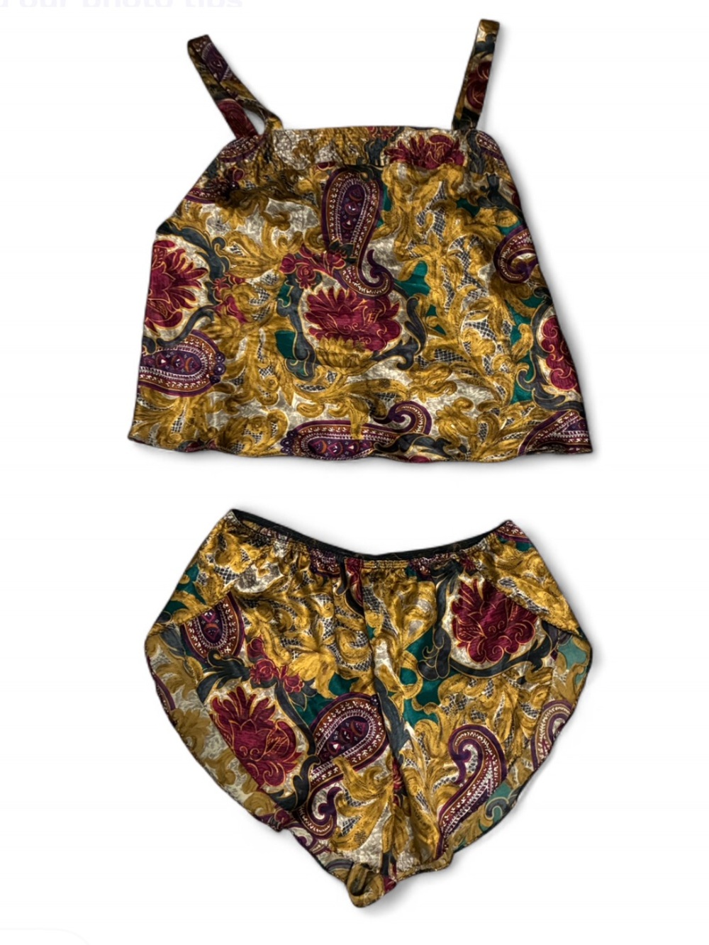 Vintage Satin Floral Paisley Satin Cami & Short Set - Gold Multi